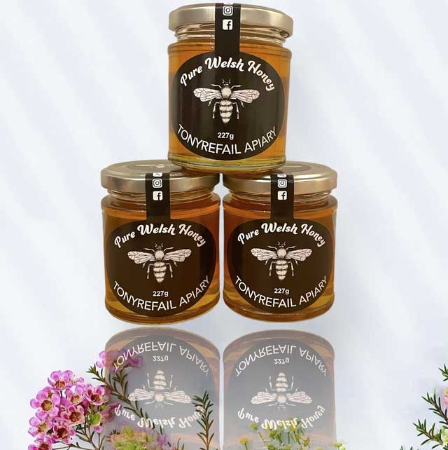 Set of three jars of clear honey from Tonyrefail Apiary.
