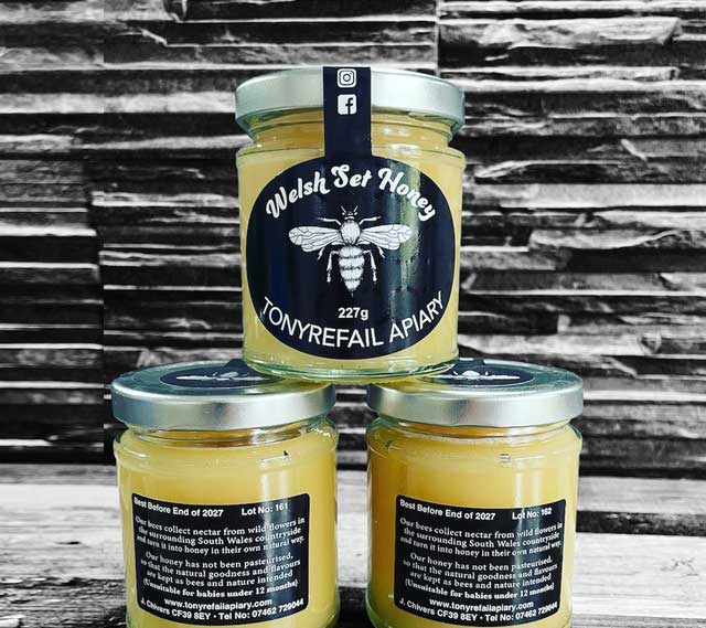 Set of three jars of set honey from Tonyrefail Apiary.