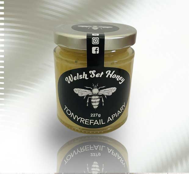 A jar of Pure Welsh Honey from Tonyrefail Apiary.